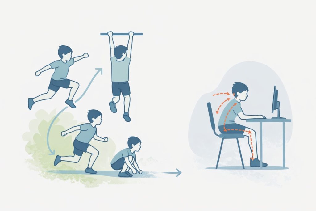 Ilustracja pokazująca kontrast między ruchem w wielu płaszczyznach a siedzącą pozycją przy biurku.