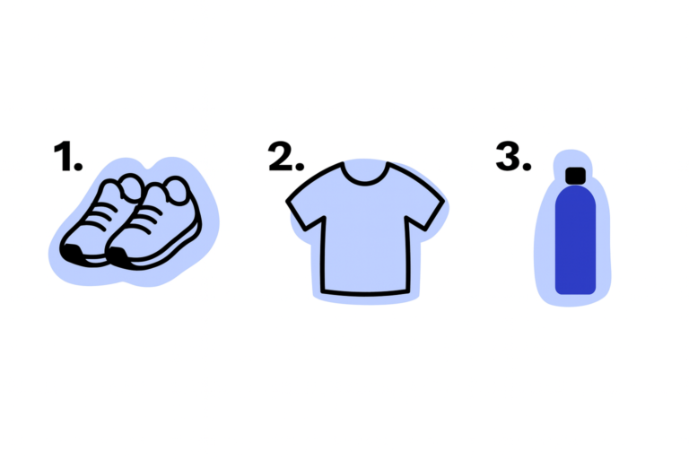 Ilustracja przedstawiająca rzeczy potrzebne na pierwszy trening motoryczny: buty sportowe, strój treningowy i wodę